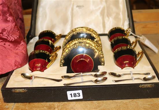 Cased Carltonware jewelled coffee set, silver coffee spoons